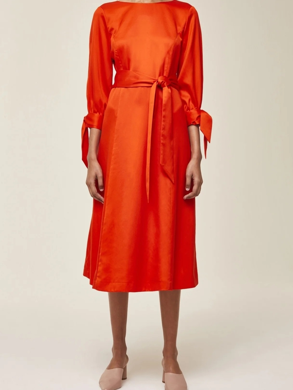 Ivy&Oak Orange Satin Midi Dress with Waist Tie